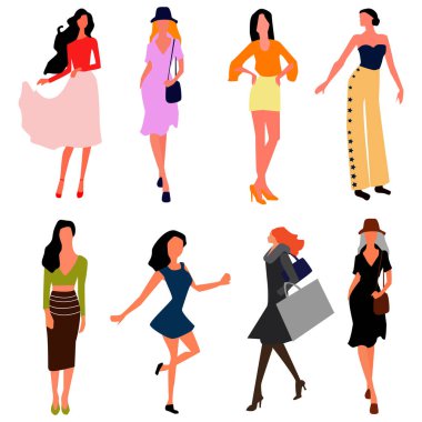 Güzel genç kadın moda giysileri. Vektör.