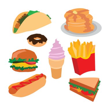 Beyaz üzerinde izole Fast Food seti. Vektör.