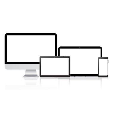 Bilgisayar, laptop, tablet ve akıllı telefon mock up. Vektör.