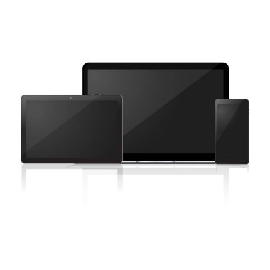 Bilgisayar, laptop, tablet ve akıllı telefon mock up. Vektör