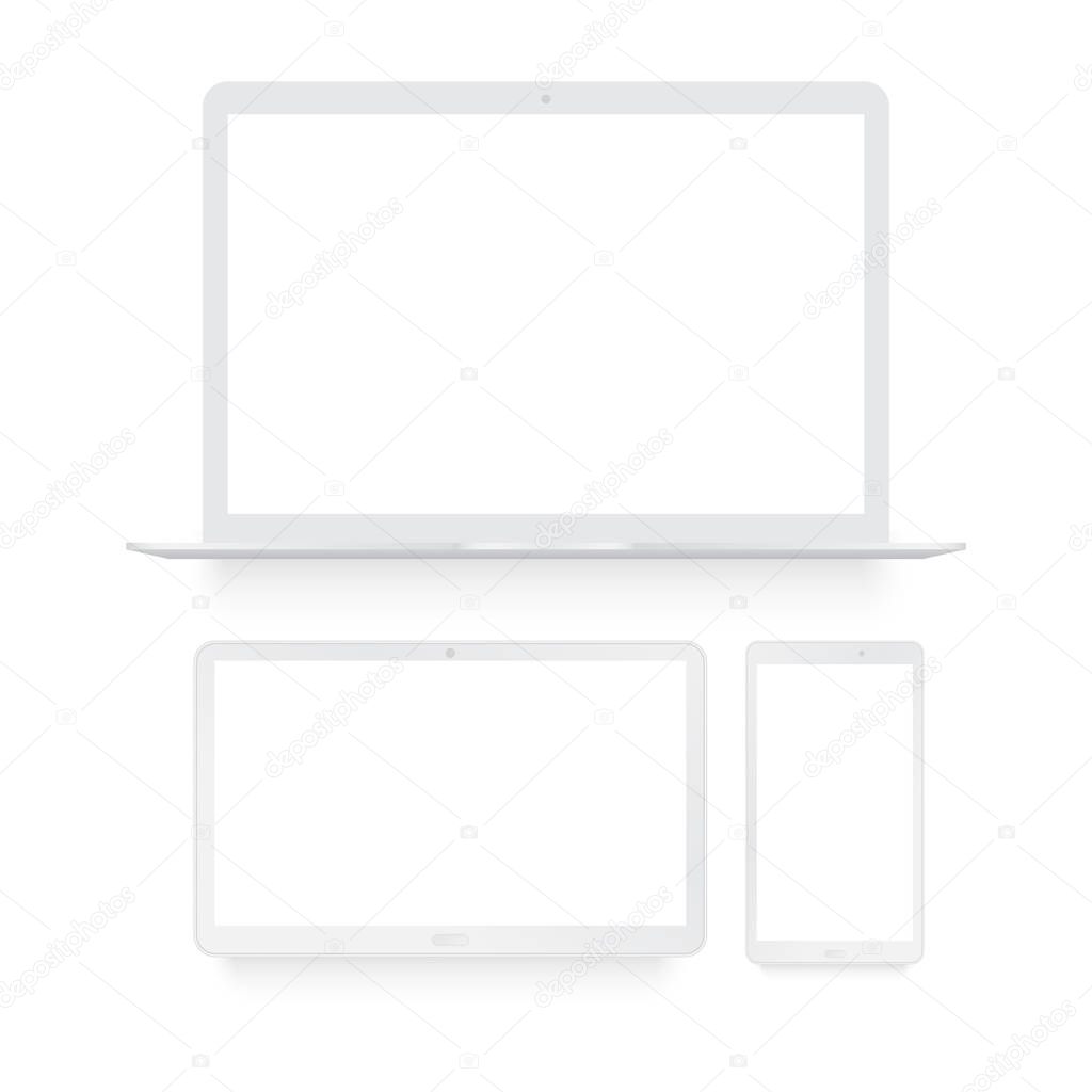 Laptop, tablet and smart phone white mock up. Vector