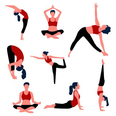 Aerobik ve yoga pozlar seti. Vektör.