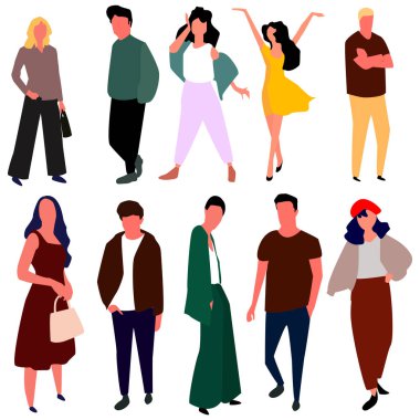 Güzel genç kadın ve moda giysileri erkekler. Vektör.