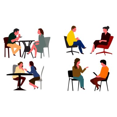 Kafede oturan bir sürü insan. Vektör.