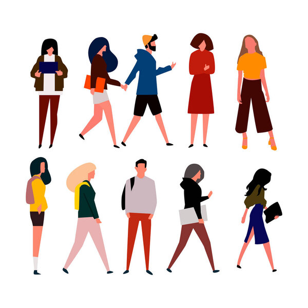 Beautiful young women and men in fashion clothes. Vector.