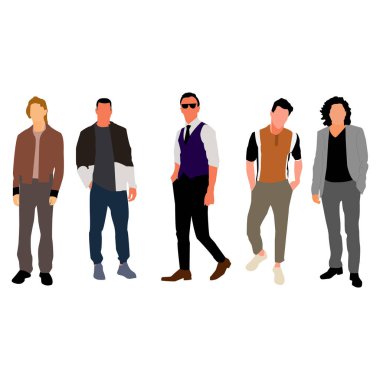 Çizgi film erkek karakterleri. Moda kıyafetli adamlar. Vektör