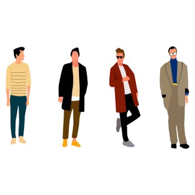 Çizgi film erkek karakterleri. Moda kıyafetli adamlar. Vektör