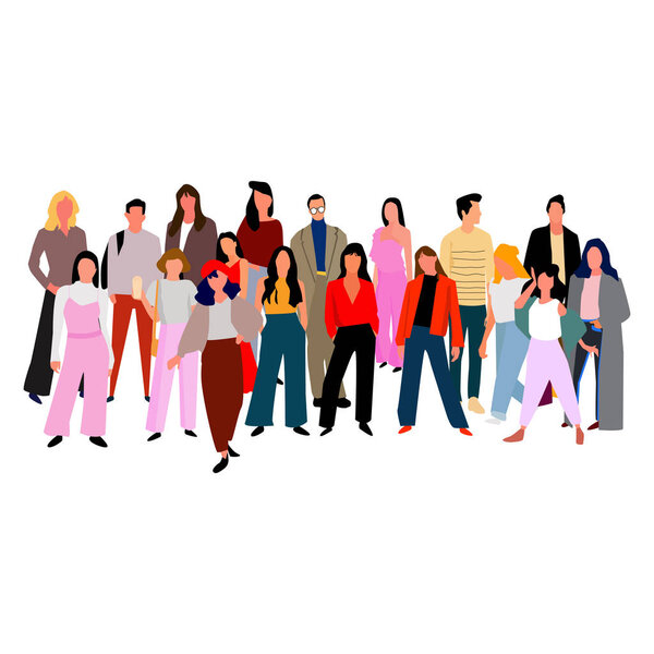 Набор молодых мужчин и женщин, стоящих вместе. Вектор
