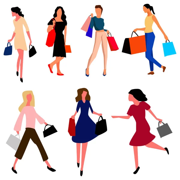 Conjunto de mulheres jovens com sacos após as compras. Vetor . — Vetor de Stock