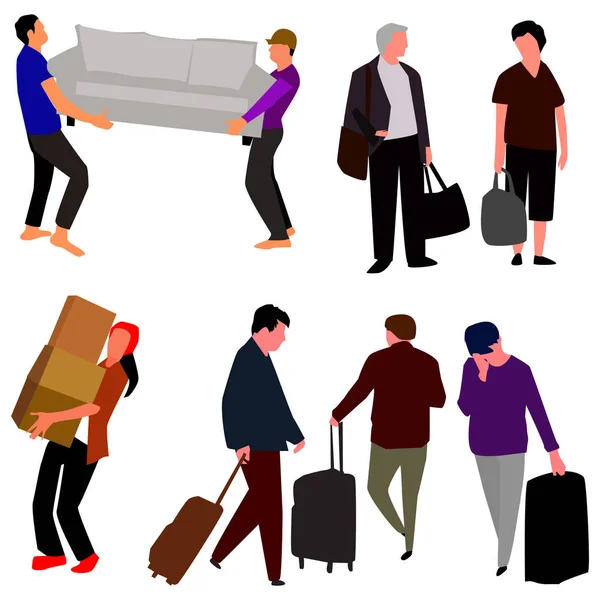 Ensemble de travailleurs transportant des bagages. Vecteur . — Image vectorielle