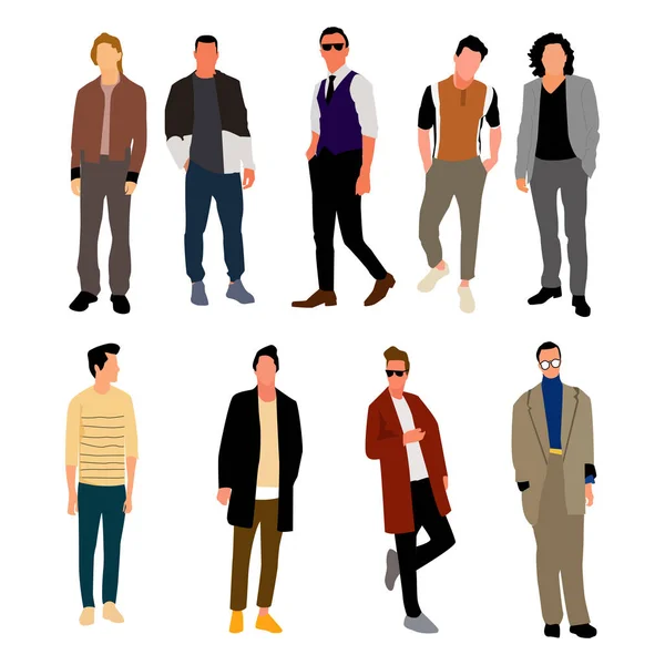 Ensemble de jeunes hommes en vêtements de mode. Vecteur . — Image vectorielle