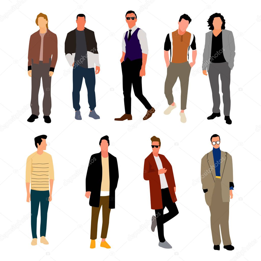 Set of young men in fashion clothes. Vector.