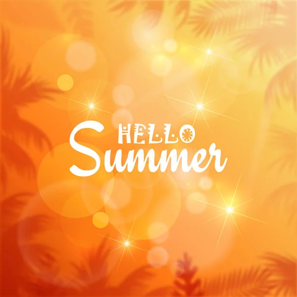 Hello Summer card with palm leaves and sun rays. Vector