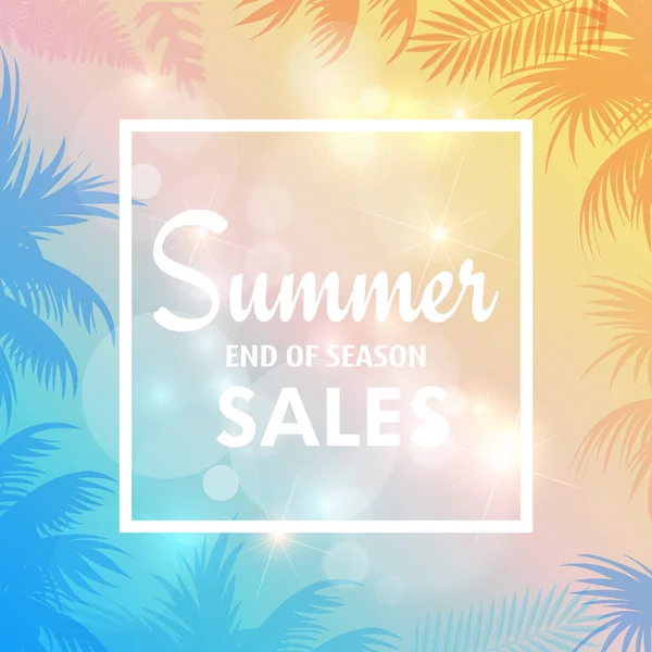 Tarjeta de venta de verano con hojas de palma y sol. Vector — Vector de stock