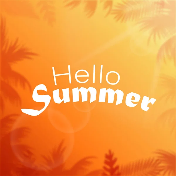 Hallo Sommerkarte mit Palmblättern und Sonnenstrahlen. Vektor — Stockvektor