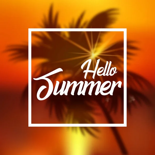 Ciao Summer card con foglie di palma e raggi di sole. Vettore — Vettoriale Stock