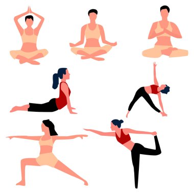 Aerobik ve yoga pozlar seti. Vektör .