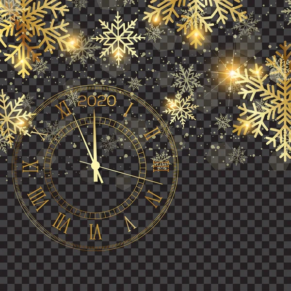 Feliz año nuevo banner con copos de nieve de oro y reloj sobre fondo transparente. Vector — Archivo Imágenes Vectoriales