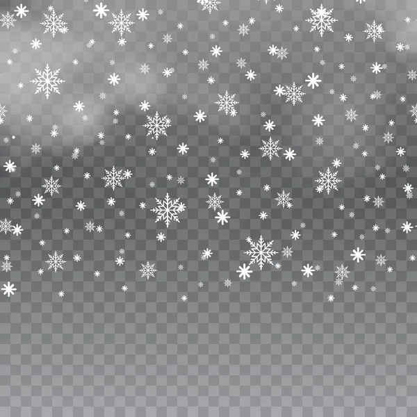 Fallande snöflingor i dimmigt väder på transparent bakgrund. Vektor — Stock vektor