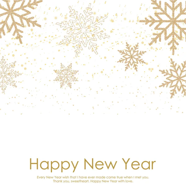 Bonne année ou carte de Noël avec des flocons d'or tombant sur fond blanc. Vecteur — Image vectorielle