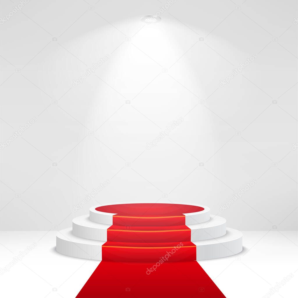 Illuminated stage podium with confetti and red carpet. Vector illustration.