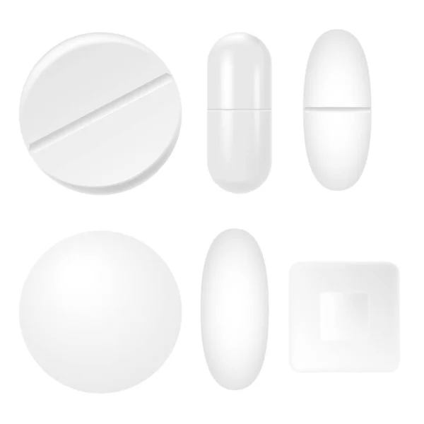 Conjunto de 3d pílulas médicas brancas realistas, cápsulas. Vetor — Vetor de Stock