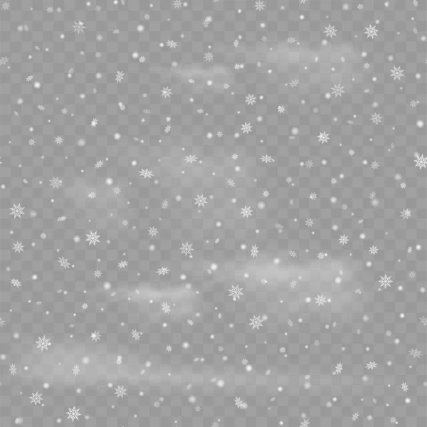 Realistisk Fallande Snö Transparent Bakgrund Snöflingor Snöbakgrund Vektorillustration — Stock vektor