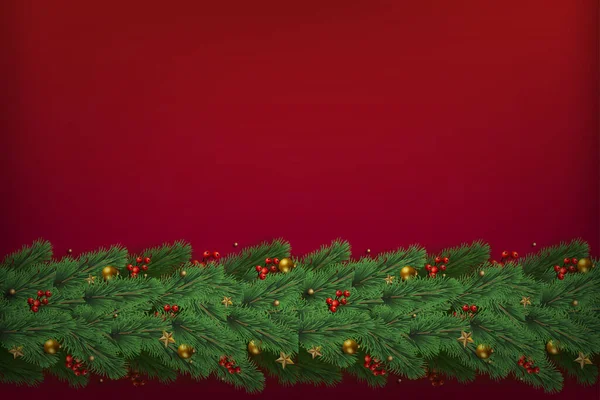 Ramas Árbol Navidad Con Decoraciones Sobre Fondo Rojo Vector — Vector de stock
