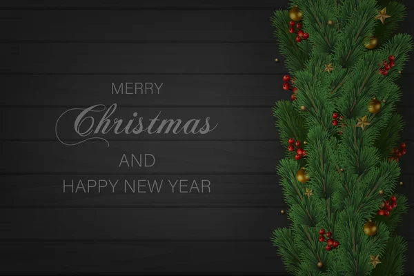 Καλή Χρονιά Και Χριστουγεννιάτικη Κάρτα Χριστουγεννιάτικες Διακοσμήσεις Δέντρων Σκούρο Ξύλινο — Διανυσματικό Αρχείο