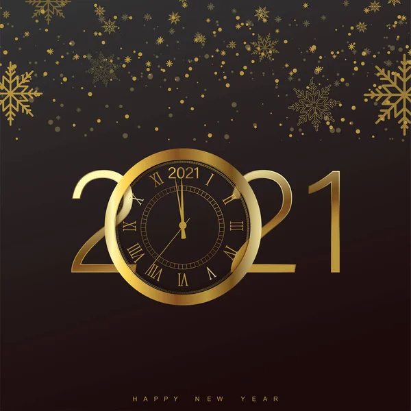 Happy 2021 Year Card Golden Watch Snowflakes Black Background Vector — Stock Vector