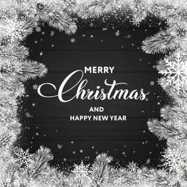 Mutlu Noeller ya da ağaç dallı siyah arkaplanlı yeni yıl tebrik kartı. Vektör