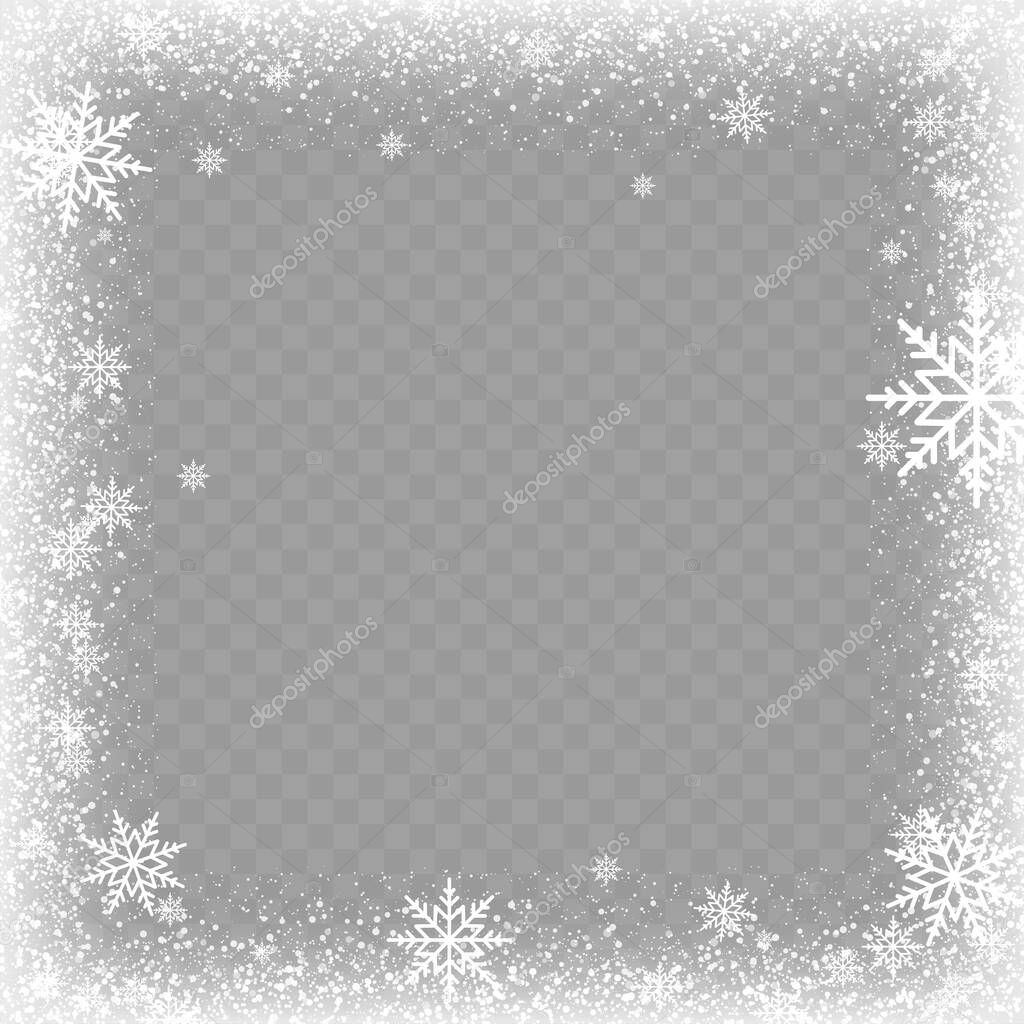 Frozen window glass ice with snow on transparent background. Vector.