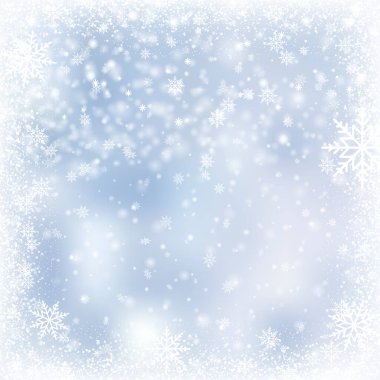 Yılbaşı ya da yeni yıl kartı, düşen kar taneleri ve mavi gökyüzü. Vektör.
