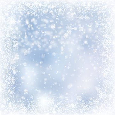Mavi gökyüzüne düşen kar taneleri olan bir Noel kartı. Vektör