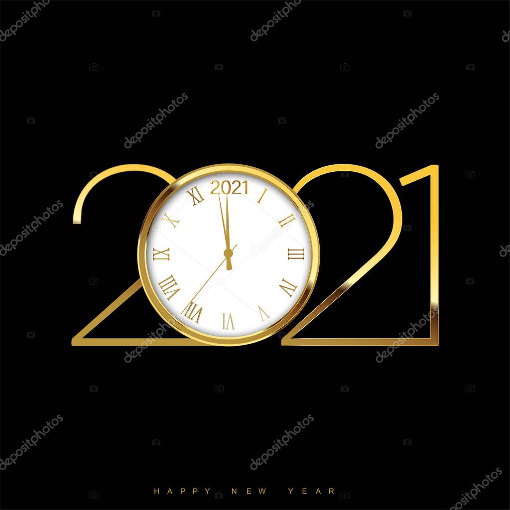 Christmas or Happy New Year card with golden watch and text. Vector.