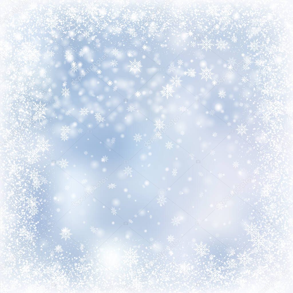 Christmas card with falling snowflakes on blue sky. Vector