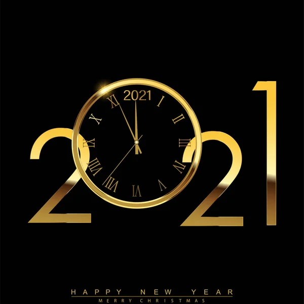 Felice anno nuovo 2021 con orologio dorato lucido. Vettore — Vettoriale Stock