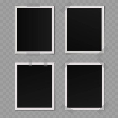 Gerçekçi boş fotoğraf çerçeveleri ve yapıştırıcı bant modeli. Vektör illüstrasyonu