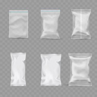 Gerçekçi şeffaf plastik fermuar çantası ve atıştırmalık poşetler. Vektör illüstrasyonu