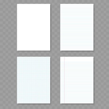 Gerçekçi boş, çizgili ve grafik kağıtları. Vektör illüstrasyonu