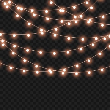 Noel tatili ve parti dekorasyonu için parıldayan Noel ışıkları. Vektör illüstrasyonu