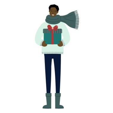 Hediyesi olan mutlu esmer adam. Kış Noel karakteri. Konforlu minimal tatil illüstrasyonu