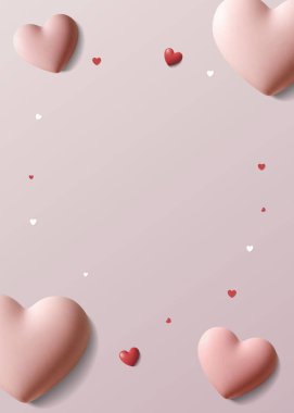 Üç boyutlu kalpleri olan yumuşak bir çerçeve. Pastel pembe tonlar. Sevgililer günü, doğum günü ya da aşk tebrikleri için romantik boş arkaplan.