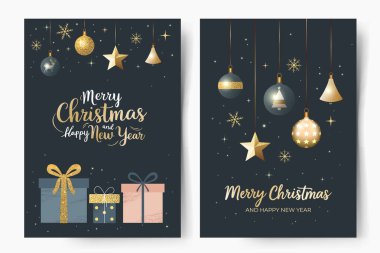 Mutlu noeller ve mutlu yeni yıl kartları. Altın harfler, mücevherler, parlayan yıldızlar. Kutlama kartı, xmas şablonu. 