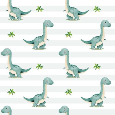 Şirin dinozorla kusursuz bir desen. Suluboya bebek brontozor arka planı. 