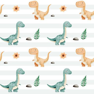 Şirin dinozorlarla kusursuz bir düzen. Suluboya bebek geçmişi. Tyrannosaurus ve Brontosaurus.