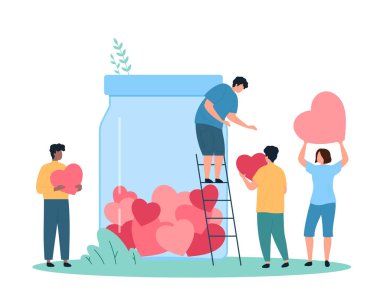 Kırmızı kalpleri büyük cam bir kavanoza koyan bir grup küçük insan, beyaz arka plan çizimlerinde izole edilmiş hayırseverlik, şefkat ve toplum desteğini, takım çalışması ve cömertliği sembolize ediyor.