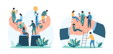 Küçük ofis çalışanlarını tutan dev eller, modern bir iş yerinde çalışanların refahını, takım çalışmasını ve liderlik desteğini, bakım, büyüme ve işbirliği vektör ilüstrasyonunu sembolize ediyor.