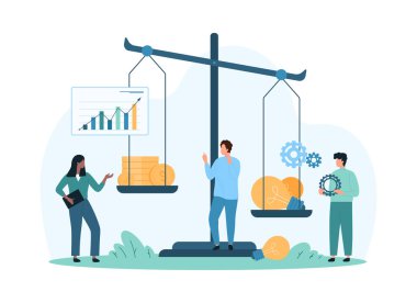 İş adamları, beyaz arkaplan vektörü illüstrasyonunda izole edilmiş, yatırım kararları için proje karı ve mali stratejisini analiz ederek, fikirlerin ve paranın değerini bir ölçekte karşılaştırırlar.