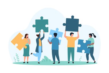 Çeşitli insanların büyük yapboz parçalarını birleştirmesi, takım çalışmasını sembolize etmesi, yaratıcı problem çözme ve iş başarısında ortaklık, beyaz arkaplan vektör ilülasyonunda izole edilmiş.